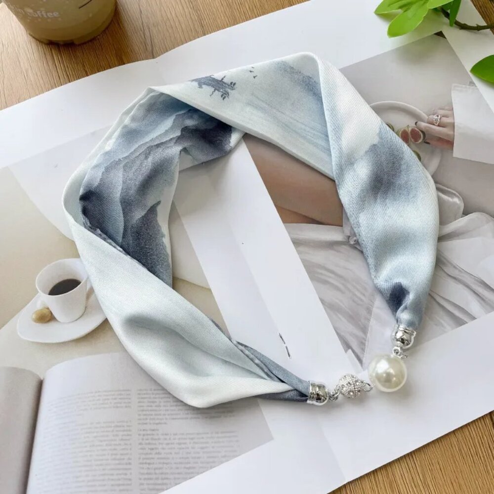 2/$30 Magnetic Snap Silky Blue Scarf Beads Pearl Headband Bandana Bag Decor - Picture 3 of 6